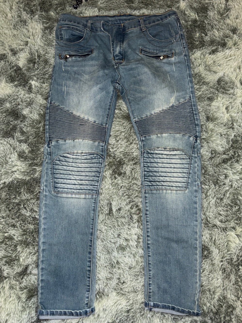 Balmain Men’s Distressed Moto-Style Blue Jeans